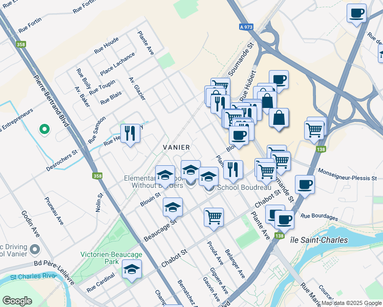 map of restaurants, bars, coffee shops, grocery stores, and more near 440 Avenue Rousseau in Ville de Québec