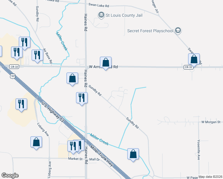 map of restaurants, bars, coffee shops, grocery stores, and more near 2147 Miller Creek Drive in Duluth