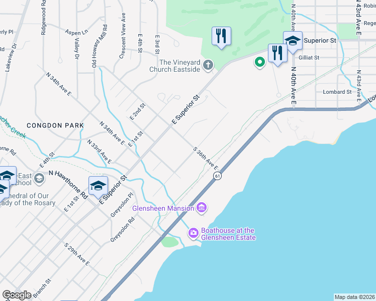 map of restaurants, bars, coffee shops, grocery stores, and more near 3515 Greysolon Road in Duluth