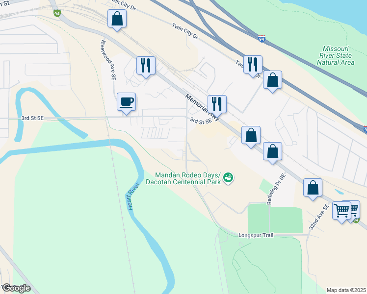 map of restaurants, bars, coffee shops, grocery stores, and more near 503 24th Avenue Southeast in Mandan