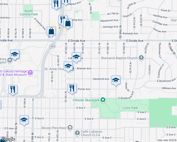 map of restaurants, bars, coffee shops, grocery stores, and more near 1318 N 16th St in Bismarck