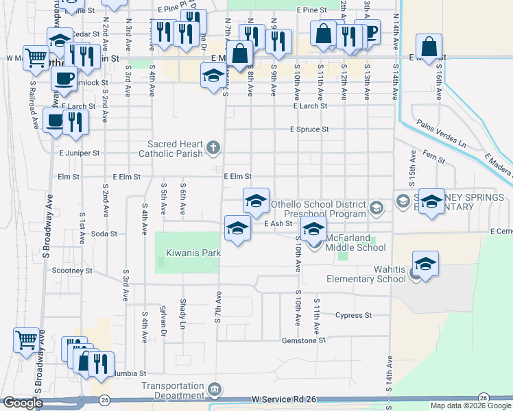map of restaurants, bars, coffee shops, grocery stores, and more near 825 East Ash Street in Othello