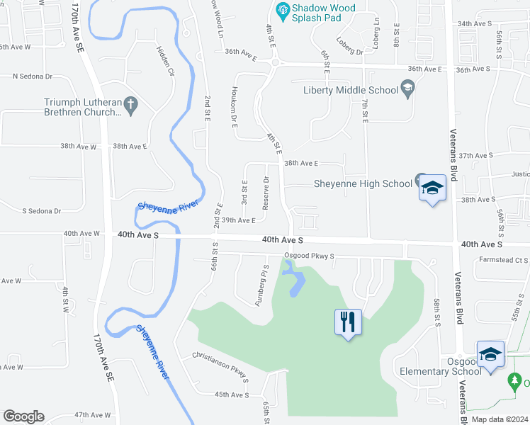 map of restaurants, bars, coffee shops, grocery stores, and more near 3880 Reserve Drive in West Fargo
