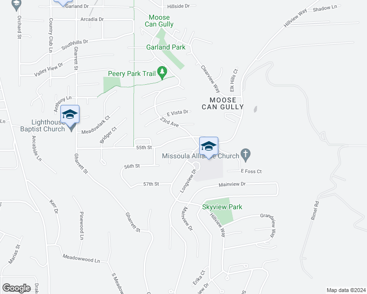 map of restaurants, bars, coffee shops, grocery stores, and more near 2308 Hillview Court in Missoula
