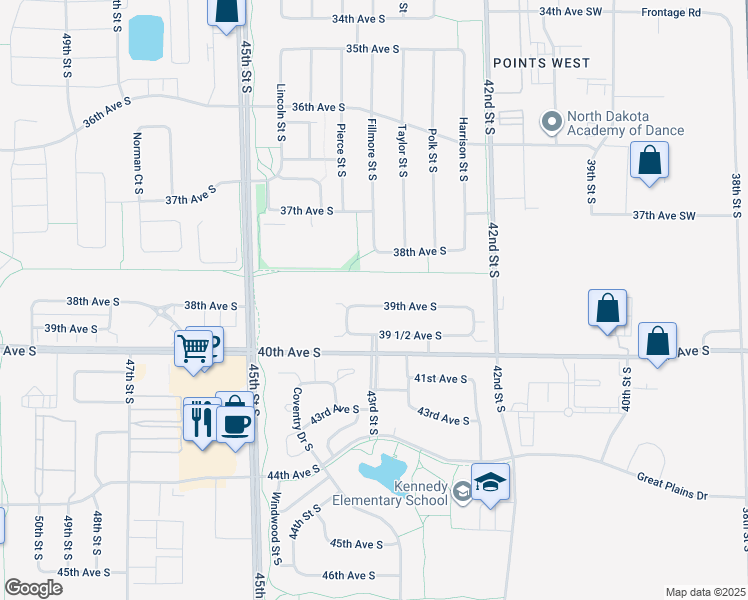 map of restaurants, bars, coffee shops, grocery stores, and more near 4314 39th Avenue South in Fargo
