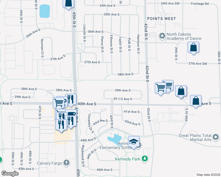 map of restaurants, bars, coffee shops, grocery stores, and more near 4314 39th Avenue South in Fargo