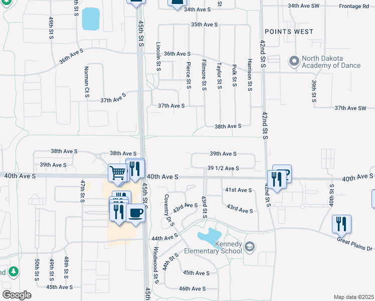 map of restaurants, bars, coffee shops, grocery stores, and more near 4361 39th Avenue South in Fargo