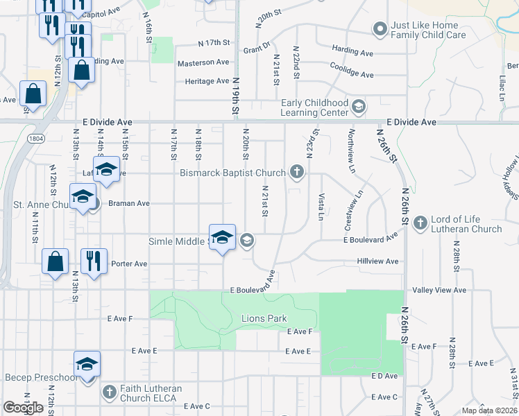 map of restaurants, bars, coffee shops, grocery stores, and more near 1318 North 21st Street in Bismarck