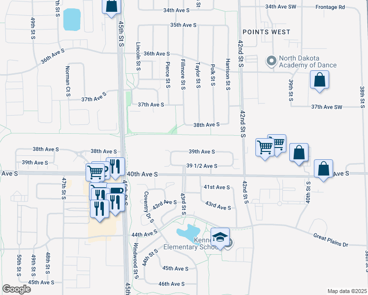 map of restaurants, bars, coffee shops, grocery stores, and more near 4314 39th Avenue South in Fargo