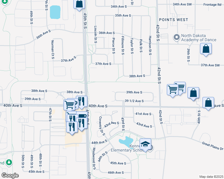 map of restaurants, bars, coffee shops, grocery stores, and more near 4361 39th Avenue South in Fargo