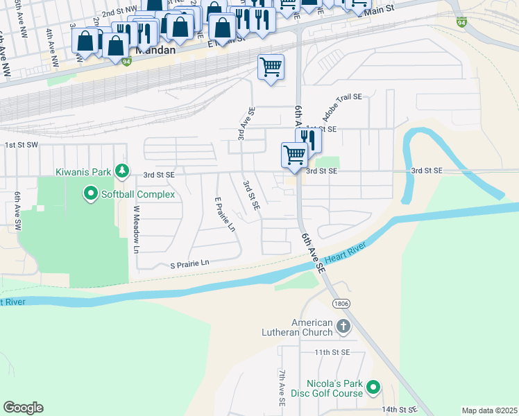 map of restaurants, bars, coffee shops, grocery stores, and more near 401-499 6th Street Southeast in Mandan