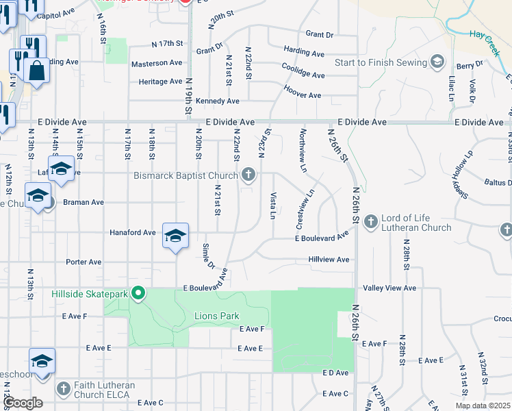 map of restaurants, bars, coffee shops, grocery stores, and more near 1400 North 23rd Street in Bismarck