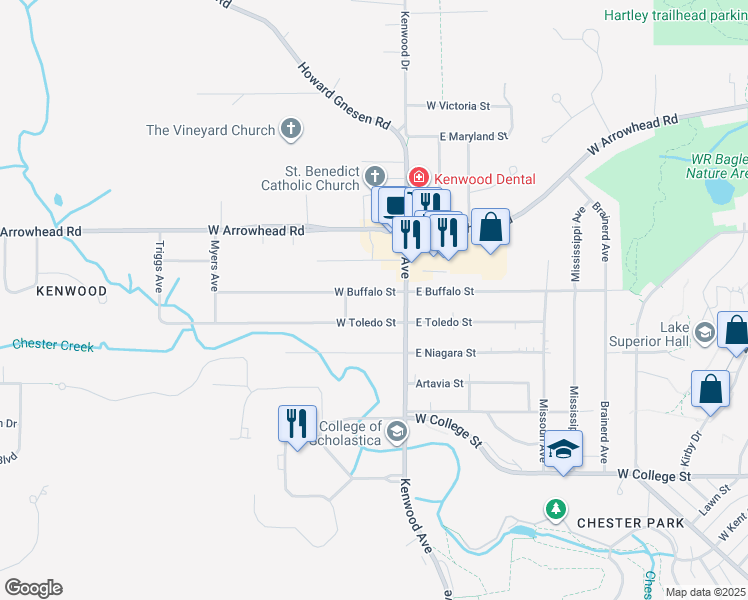 map of restaurants, bars, coffee shops, grocery stores, and more near 15 West Toledo Street in Duluth