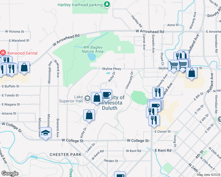 map of restaurants, bars, coffee shops, grocery stores, and more near 416 Library Drive in Duluth