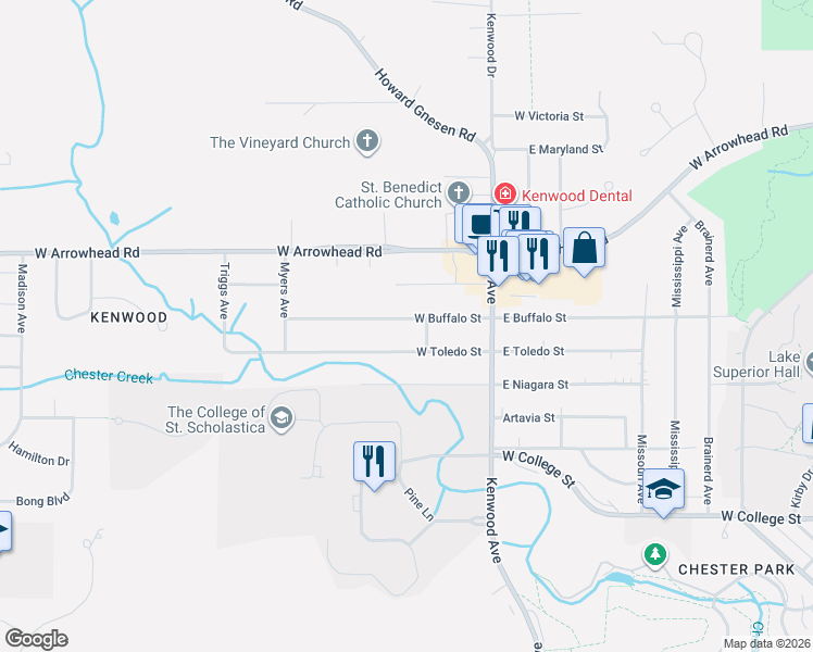 map of restaurants, bars, coffee shops, grocery stores, and more near 151 West Toledo Street in Duluth