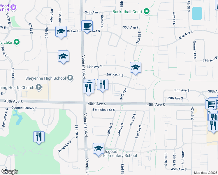 map of restaurants, bars, coffee shops, grocery stores, and more near 5440 38th Avenue South in Fargo