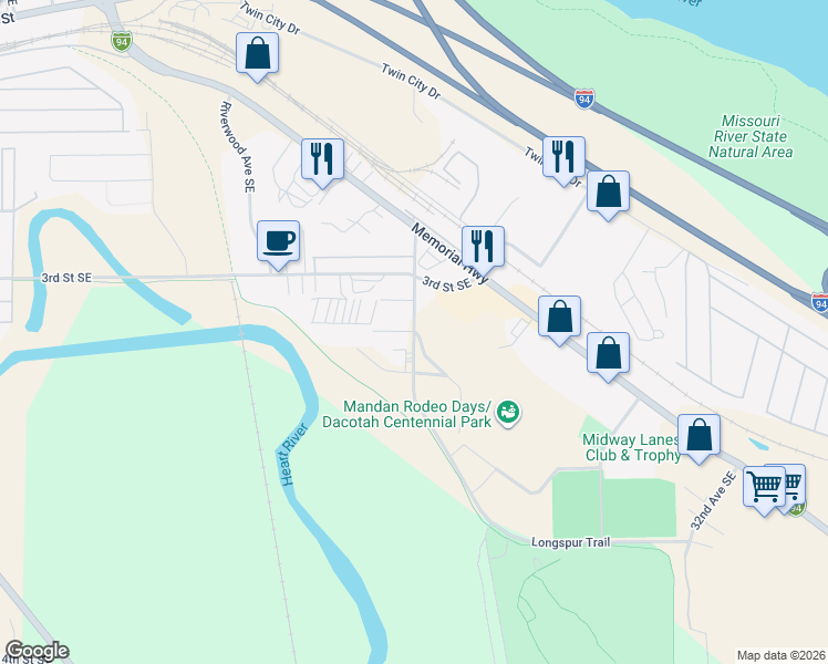 map of restaurants, bars, coffee shops, grocery stores, and more near 601 24th Avenue Southeast in Mandan