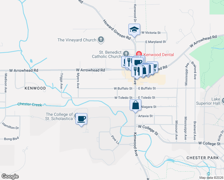 map of restaurants, bars, coffee shops, grocery stores, and more near 151 West Toledo Street in Duluth