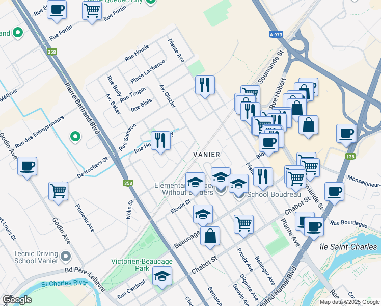map of restaurants, bars, coffee shops, grocery stores, and more near 165 Rue Victor Delamarre in Ville de Québec
