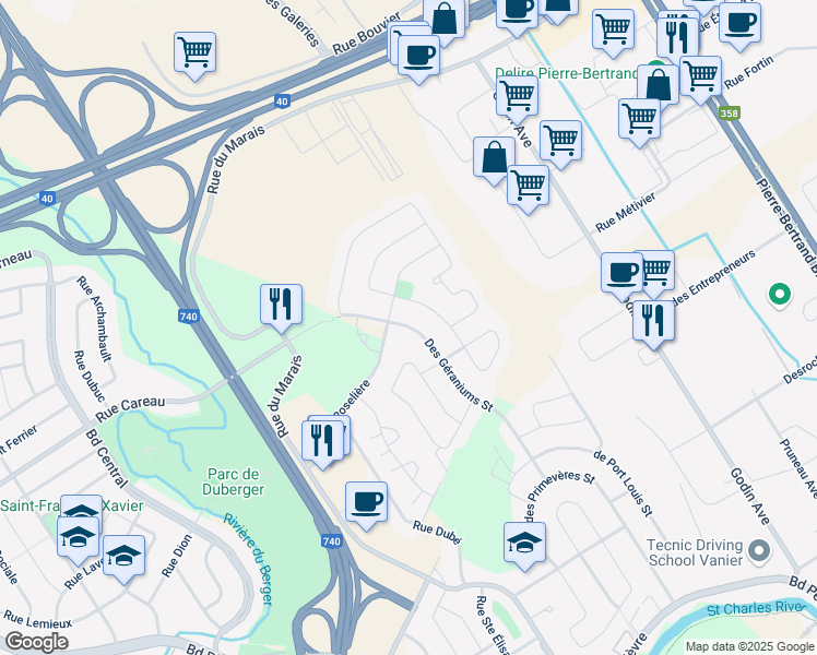 map of restaurants, bars, coffee shops, grocery stores, and more near 3487 Rue des Géraniums in Ville de Québec