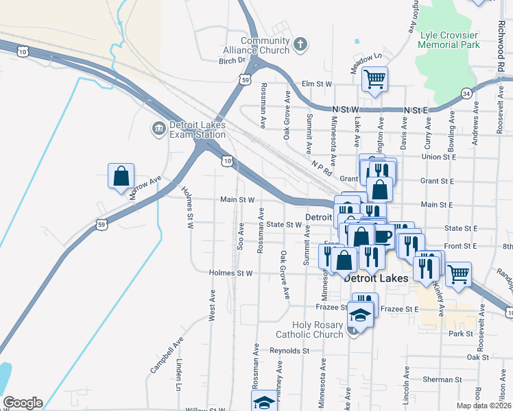 map of restaurants, bars, coffee shops, grocery stores, and more near 512 Rossman Avenue in Detroit Lakes