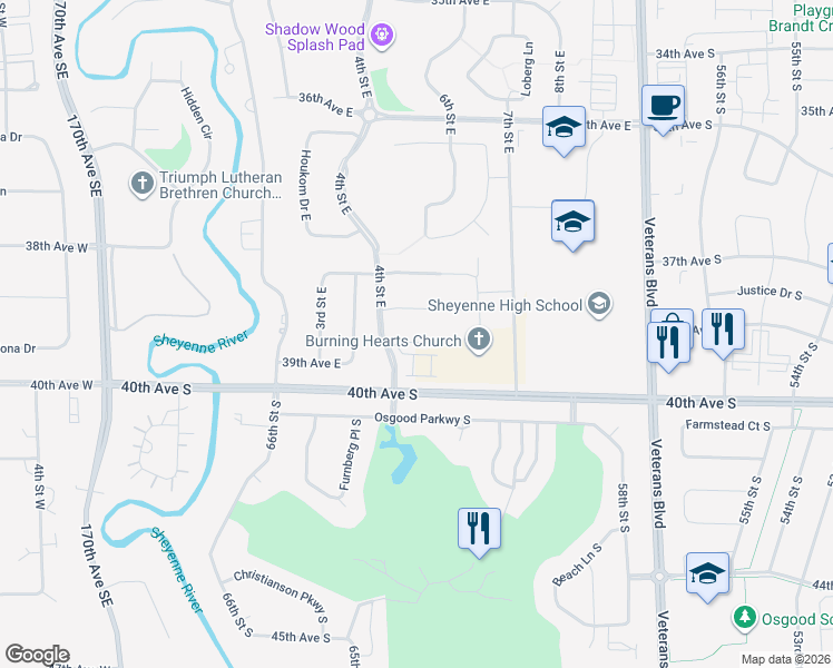 map of restaurants, bars, coffee shops, grocery stores, and more near 3865 4th Street East in West Fargo