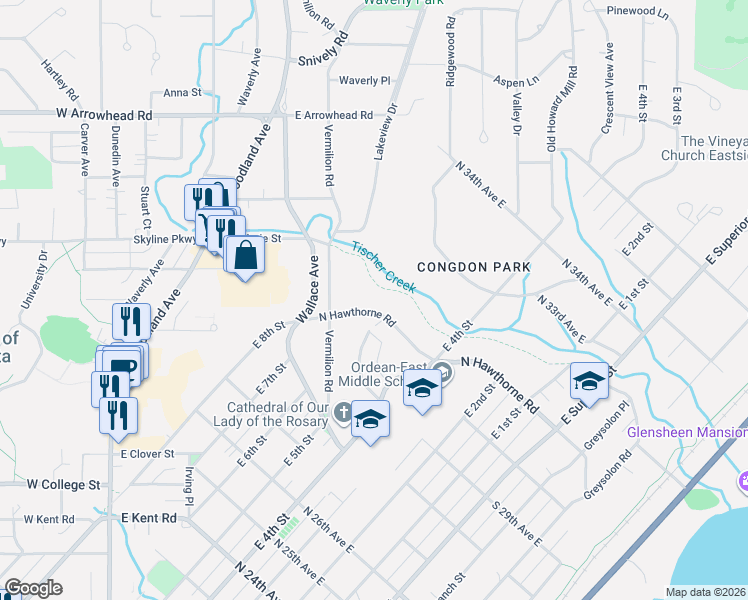 map of restaurants, bars, coffee shops, grocery stores, and more near 518 North Hawthorne Road in Duluth