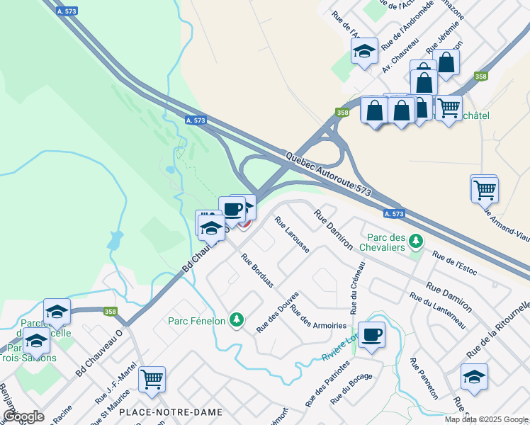 map of restaurants, bars, coffee shops, grocery stores, and more near 1571 Rue Pierre Corneille in Quebec