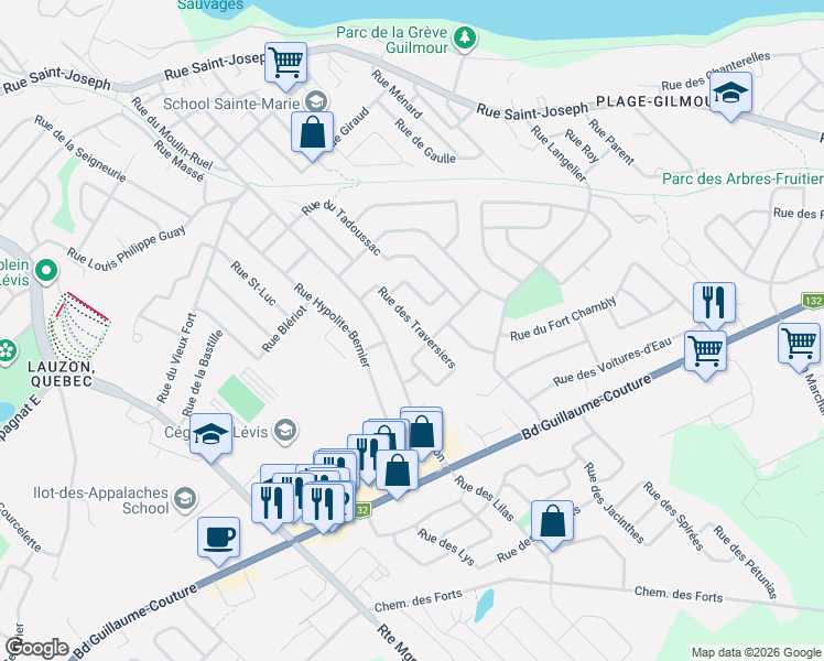 map of restaurants, bars, coffee shops, grocery stores, and more near 168 Rue des Traversiers in Levis