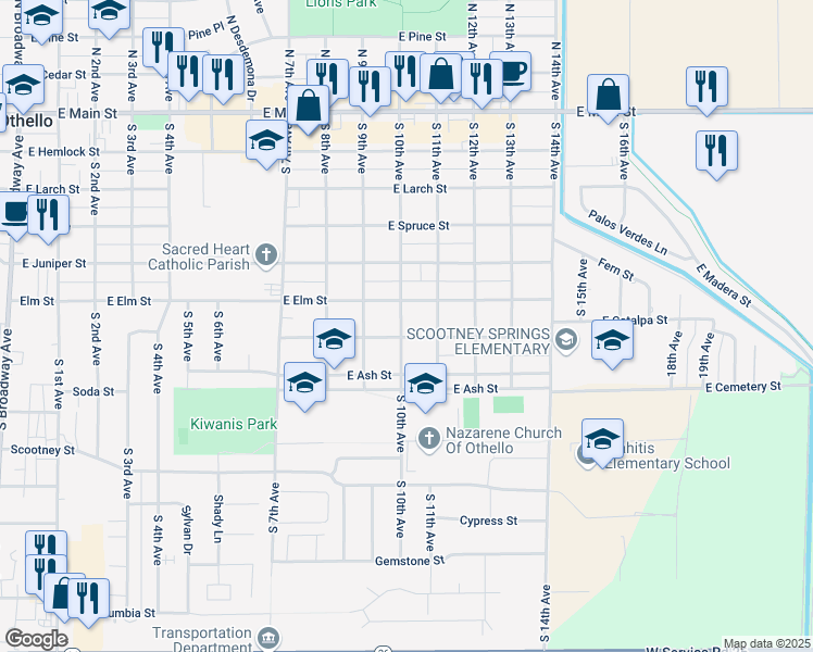map of restaurants, bars, coffee shops, grocery stores, and more near 1020 East Elm Street in Othello