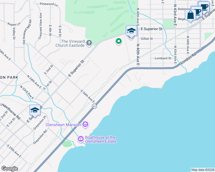 map of restaurants, bars, coffee shops, grocery stores, and more near 3728 Greysolon Road in Duluth