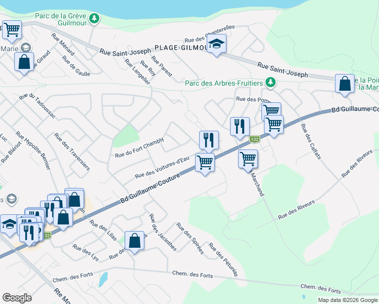 map of restaurants, bars, coffee shops, grocery stores, and more near 741 Rue des Voitures-d'Eau in Lévis