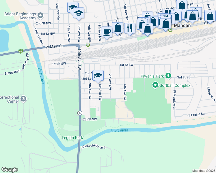 map of restaurants, bars, coffee shops, grocery stores, and more near 403 7th Avenue Southwest in Mandan