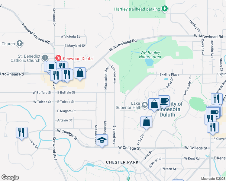 map of restaurants, bars, coffee shops, grocery stores, and more near 1312 Mississippi Avenue in Duluth