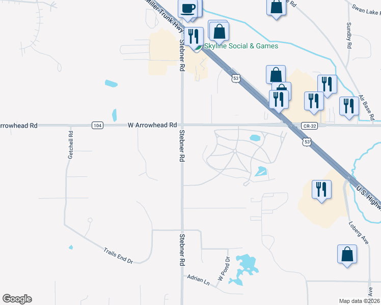 map of restaurants, bars, coffee shops, grocery stores, and more near 4252 Stebner Road in Hermantown