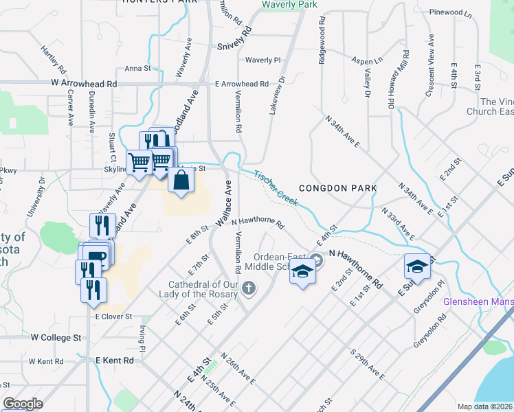 map of restaurants, bars, coffee shops, grocery stores, and more near 518 North Hawthorne Road in Duluth