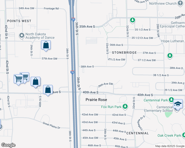 map of restaurants, bars, coffee shops, grocery stores, and more near 3480 38th Avenue South in Fargo