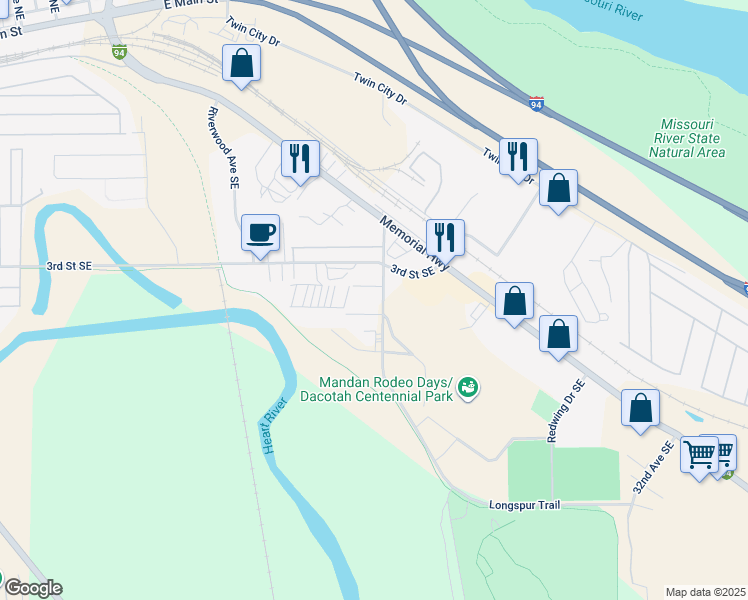 map of restaurants, bars, coffee shops, grocery stores, and more near 20 4th Street Southeast in Mandan