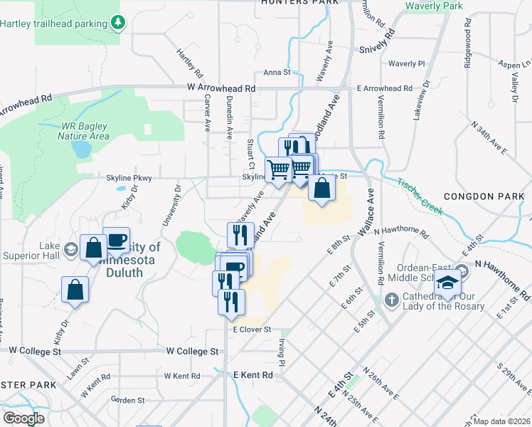 map of restaurants, bars, coffee shops, grocery stores, and more near 1515 Woodland Avenue in Duluth