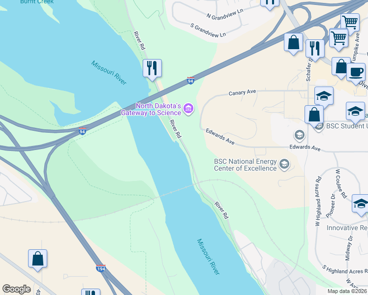 map of restaurants, bars, coffee shops, grocery stores, and more near Riverfront Trail in Bismarck