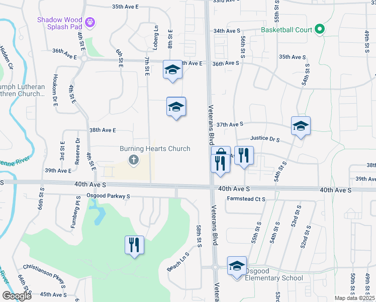 map of restaurants, bars, coffee shops, grocery stores, and more near 800 40th Avenue East in West Fargo