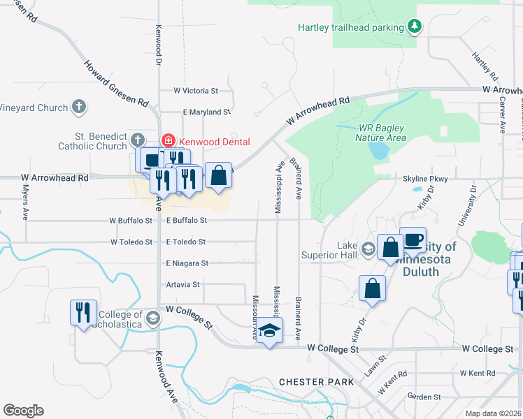 map of restaurants, bars, coffee shops, grocery stores, and more near 1312 Missouri Avenue in Duluth