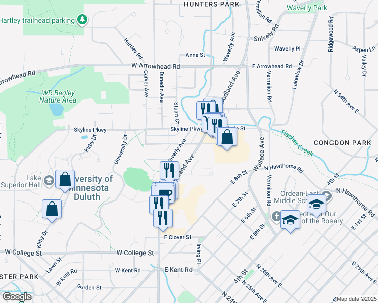 map of restaurants, bars, coffee shops, grocery stores, and more near 1515 Woodland Avenue in Duluth