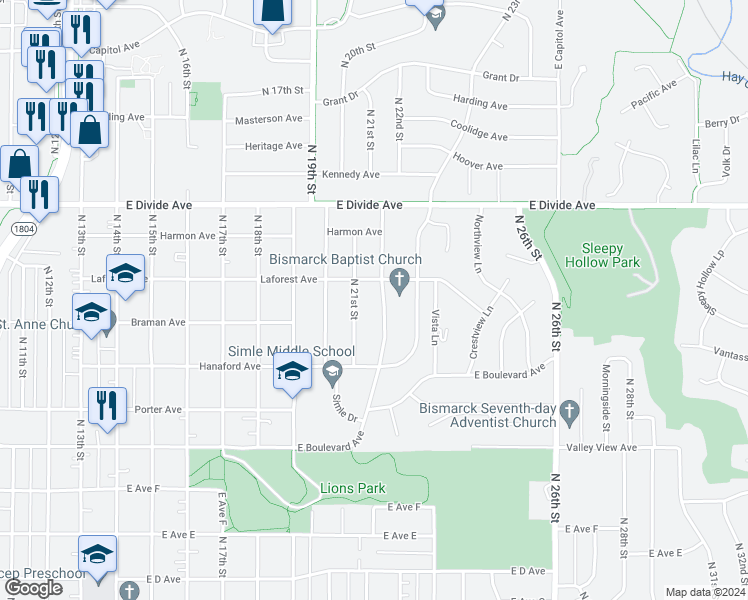 map of restaurants, bars, coffee shops, grocery stores, and more near 1422 North 22nd Street in Bismarck
