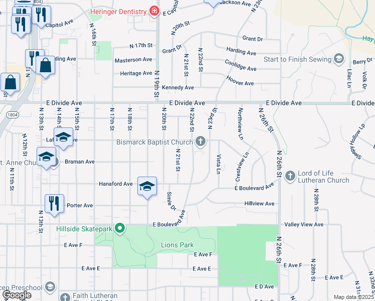 map of restaurants, bars, coffee shops, grocery stores, and more near 1418 North 22nd Street in Bismarck