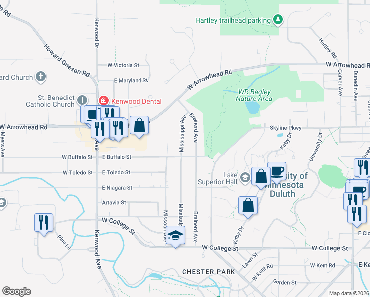 map of restaurants, bars, coffee shops, grocery stores, and more near 1312 Mississippi Avenue in Duluth