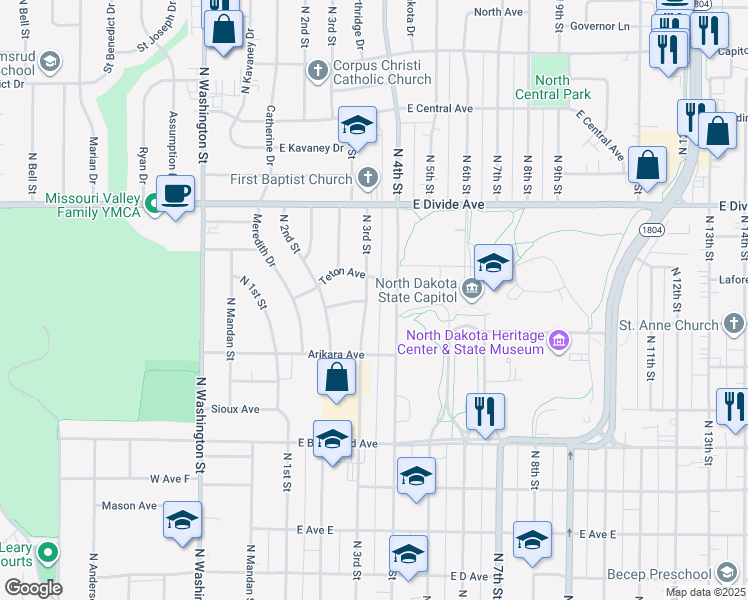 map of restaurants, bars, coffee shops, grocery stores, and more near 1221 North 3rd Street in Bismarck