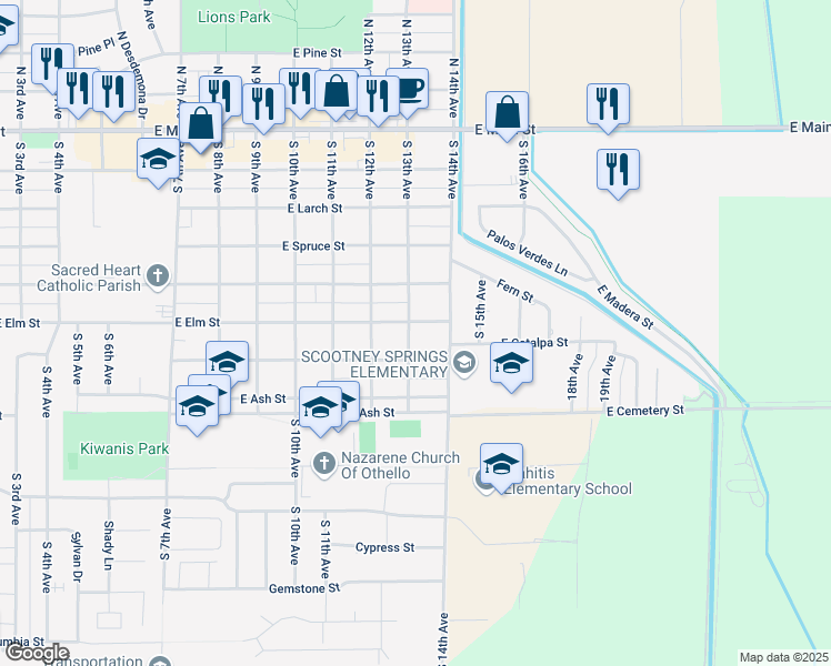 map of restaurants, bars, coffee shops, grocery stores, and more near 1326 East Elm Street in Othello