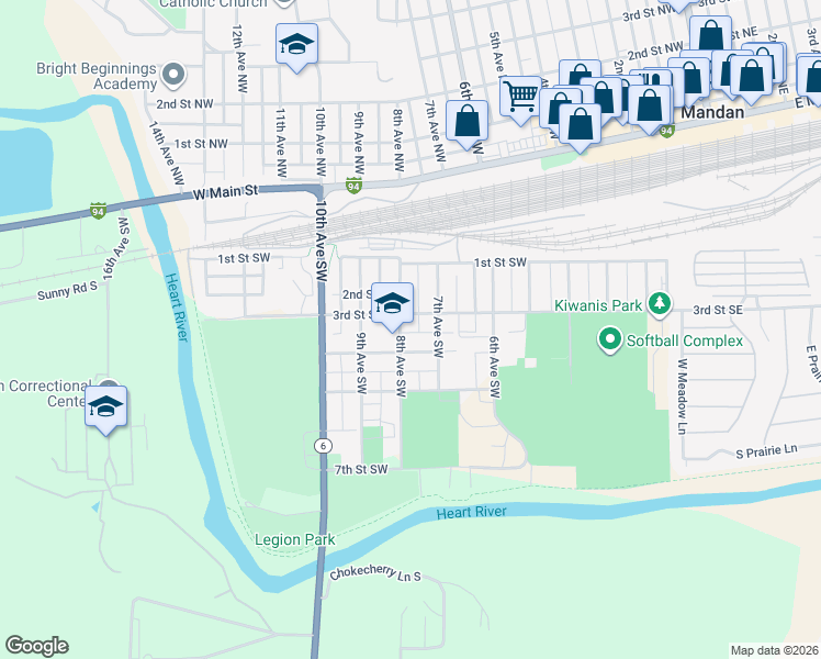 map of restaurants, bars, coffee shops, grocery stores, and more near 406 8th Avenue Southwest in Mandan