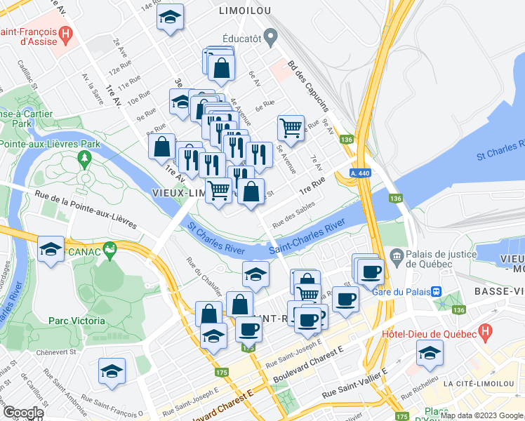 map of restaurants, bars, coffee shops, grocery stores, and more near 100 3e Avenue in Quebec City